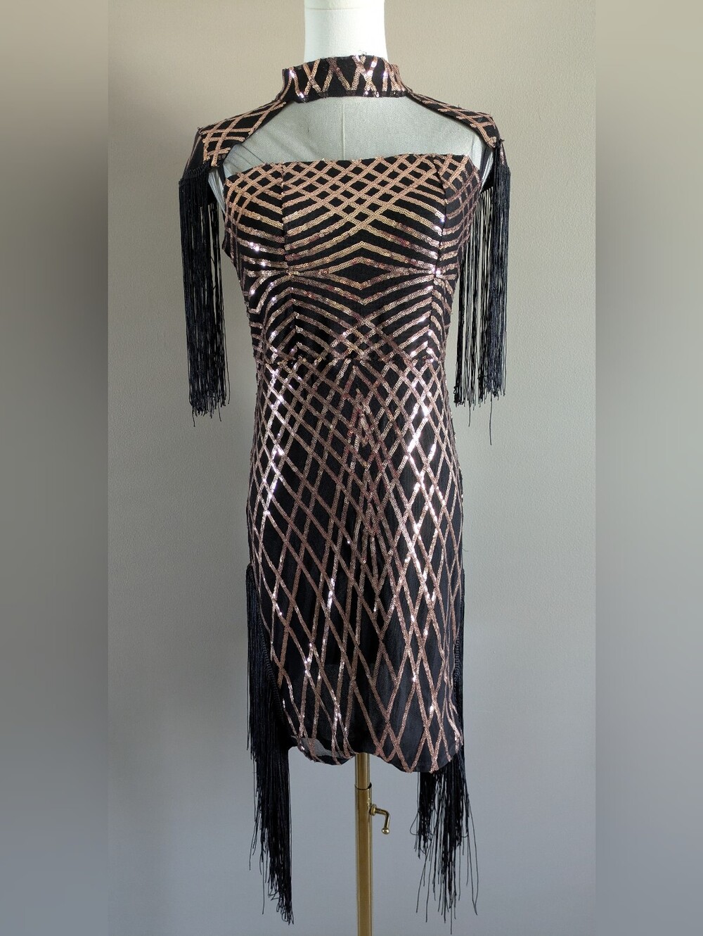 Gold & Black Mesh Sequins Tassel Midi Dress Large